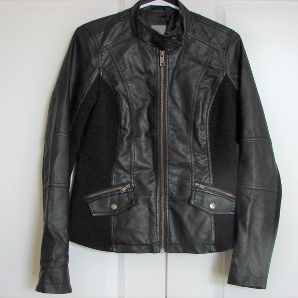 Black Faux Leather Moto Jacket Zippers Ribbed Size Small - Picture 4 of 12